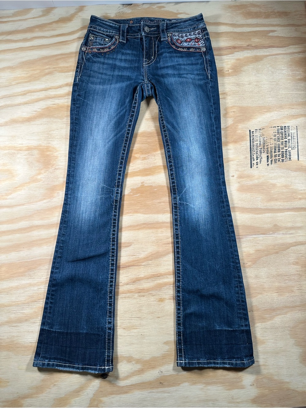 Miss Me Women’s Mid-Rise Bootcut Jeans Size 26 Inseam 34 Distressed Embellished